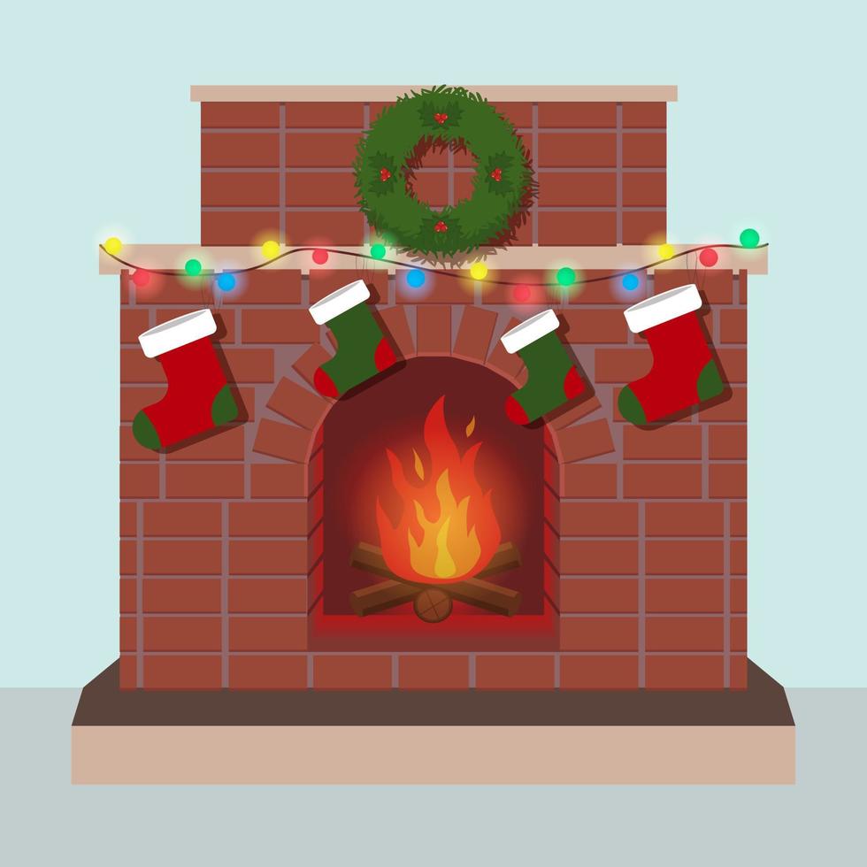 chimenea con fuego, decorada para las fiestas con una corona navideña, luces y calcetines de regalo. diseño vectorial plano para año nuevo. vector