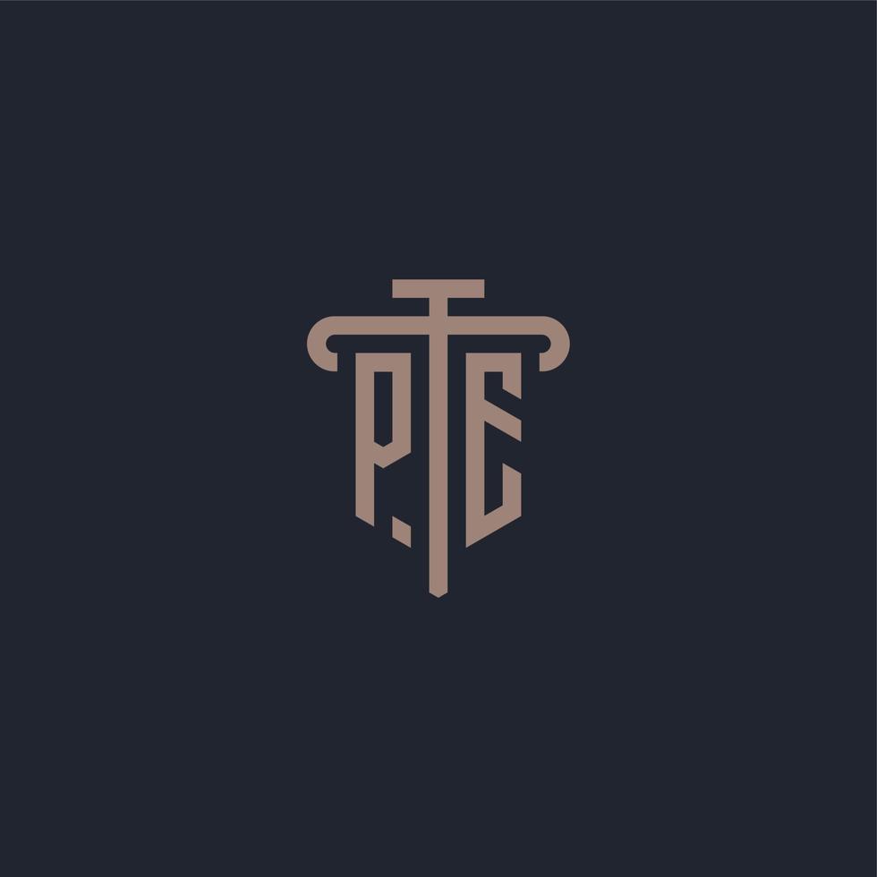 PE initial logo monogram with pillar icon design vector
