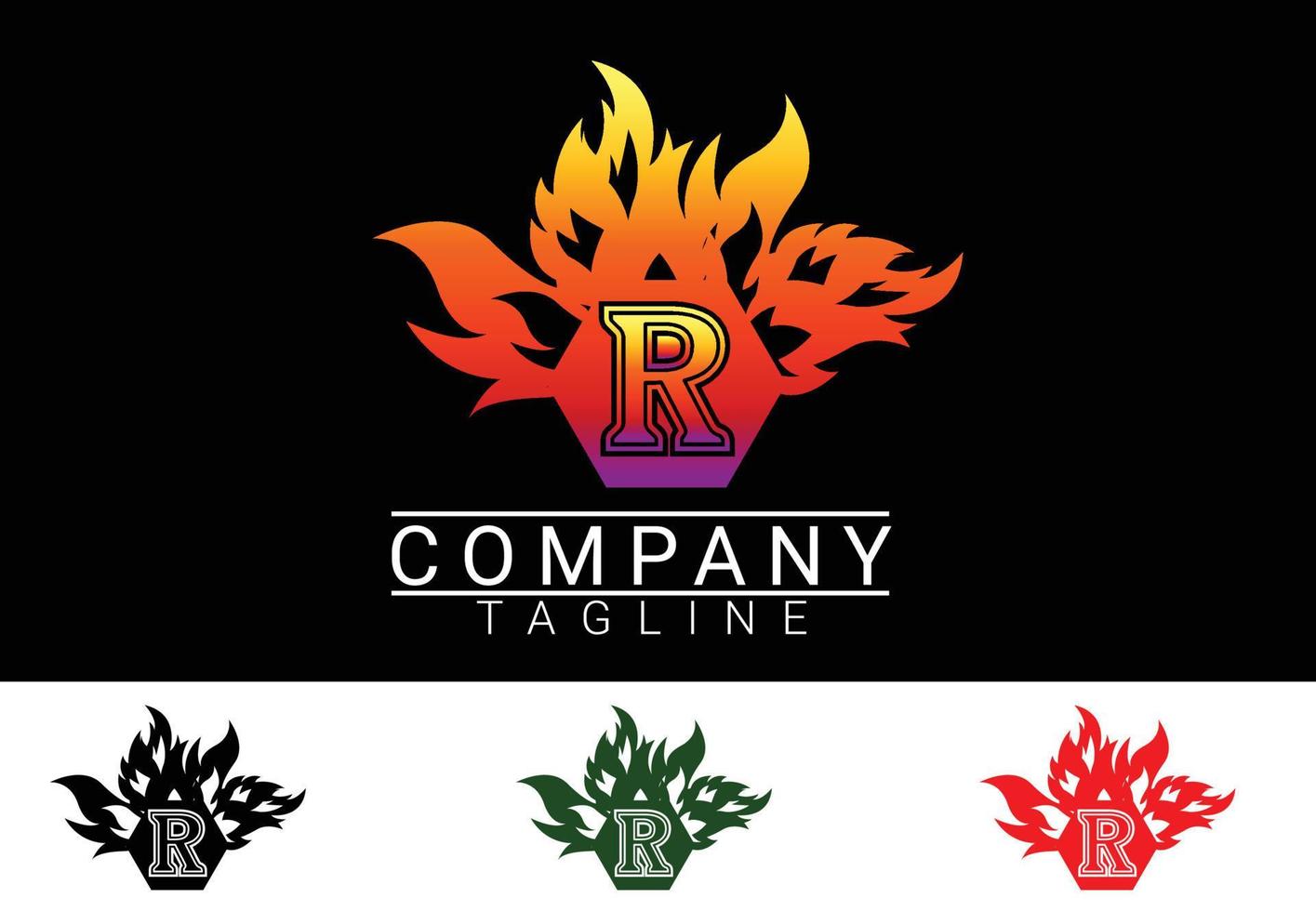 plantilla de diseño de etiqueta, camiseta y logotipo de letra r de fuego vector