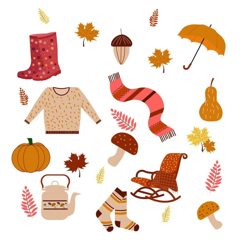 set of autumn mood clothes, objects, leaves, mushrooms vector