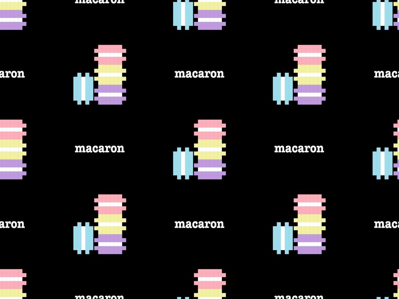 Macaron cartoon character seamless pattern on black background. Pixel style.. vector