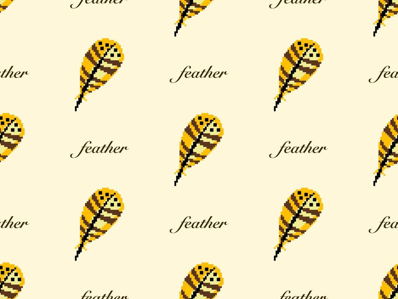 Feather cartoon character seamless pattern on yellow background. Pixel style.. vector