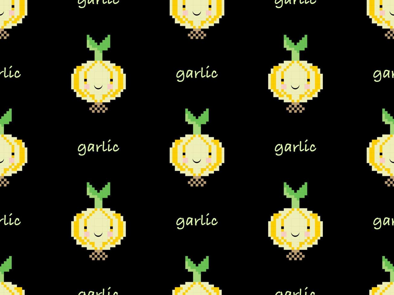Garlic cartoon character seamless pattern on black background. Pixel style. vector