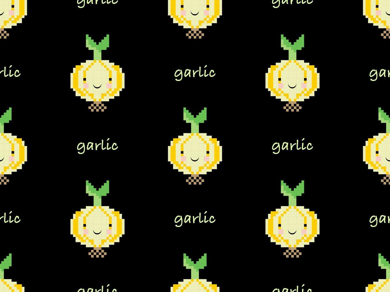 Garlic cartoon character seamless pattern on black background. Pixel style. vector