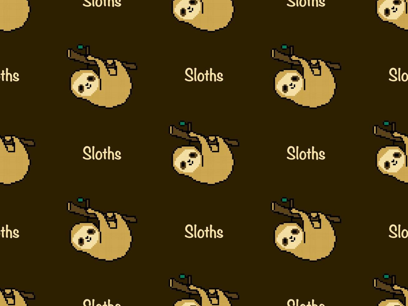 Sloths cartoon character seamless pattern on brown background. Pixel style.. vector