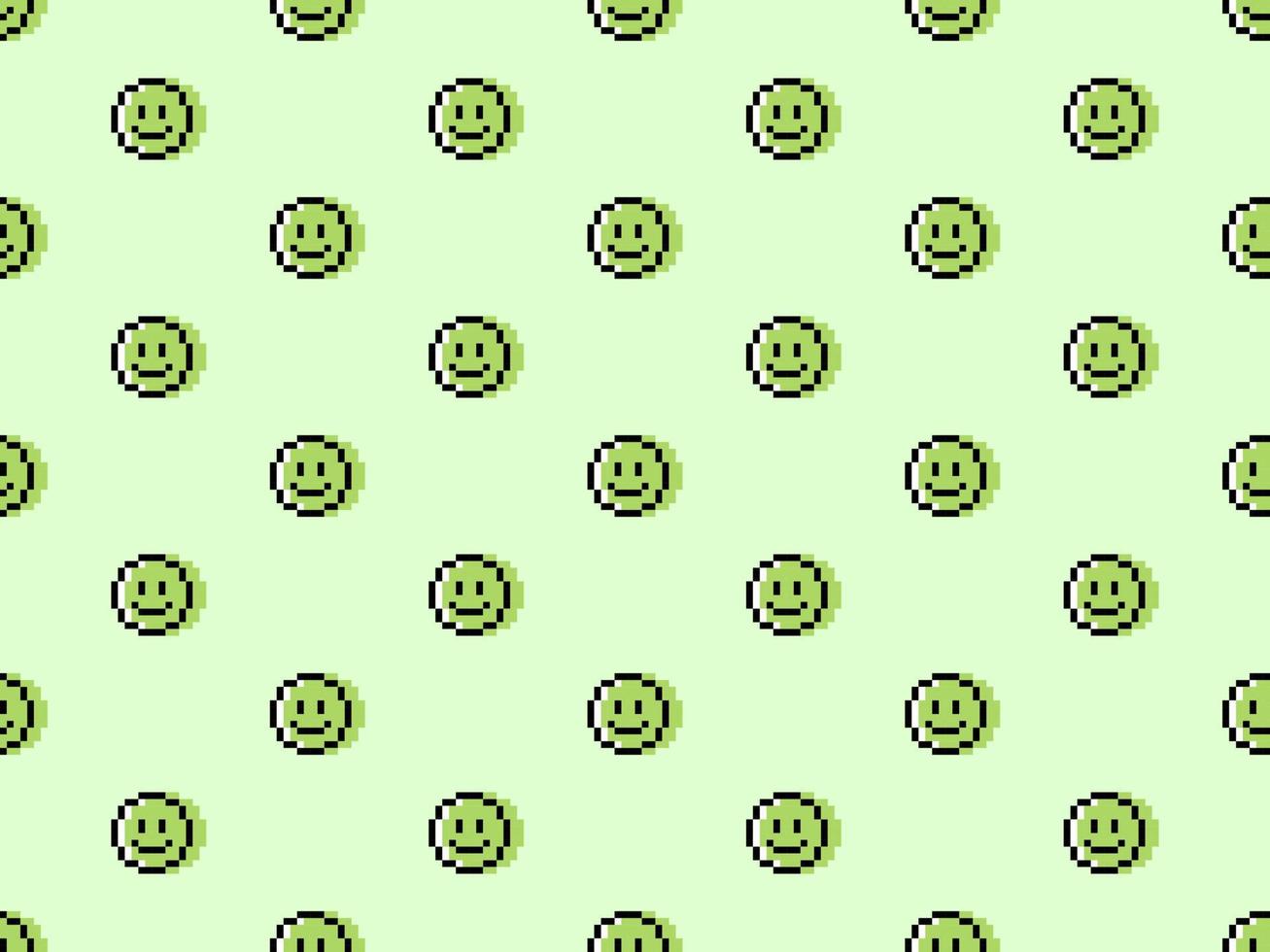 Smile cartoon character seamless pattern on green background. Pixel style. vector