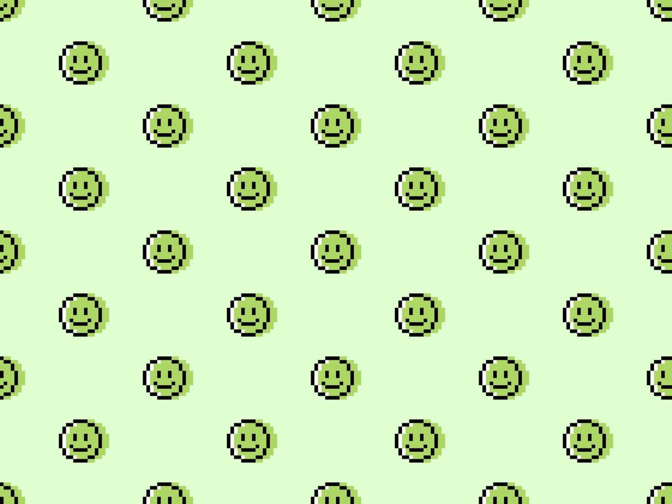 Smile cartoon character seamless pattern on green background. Pixel style. vector