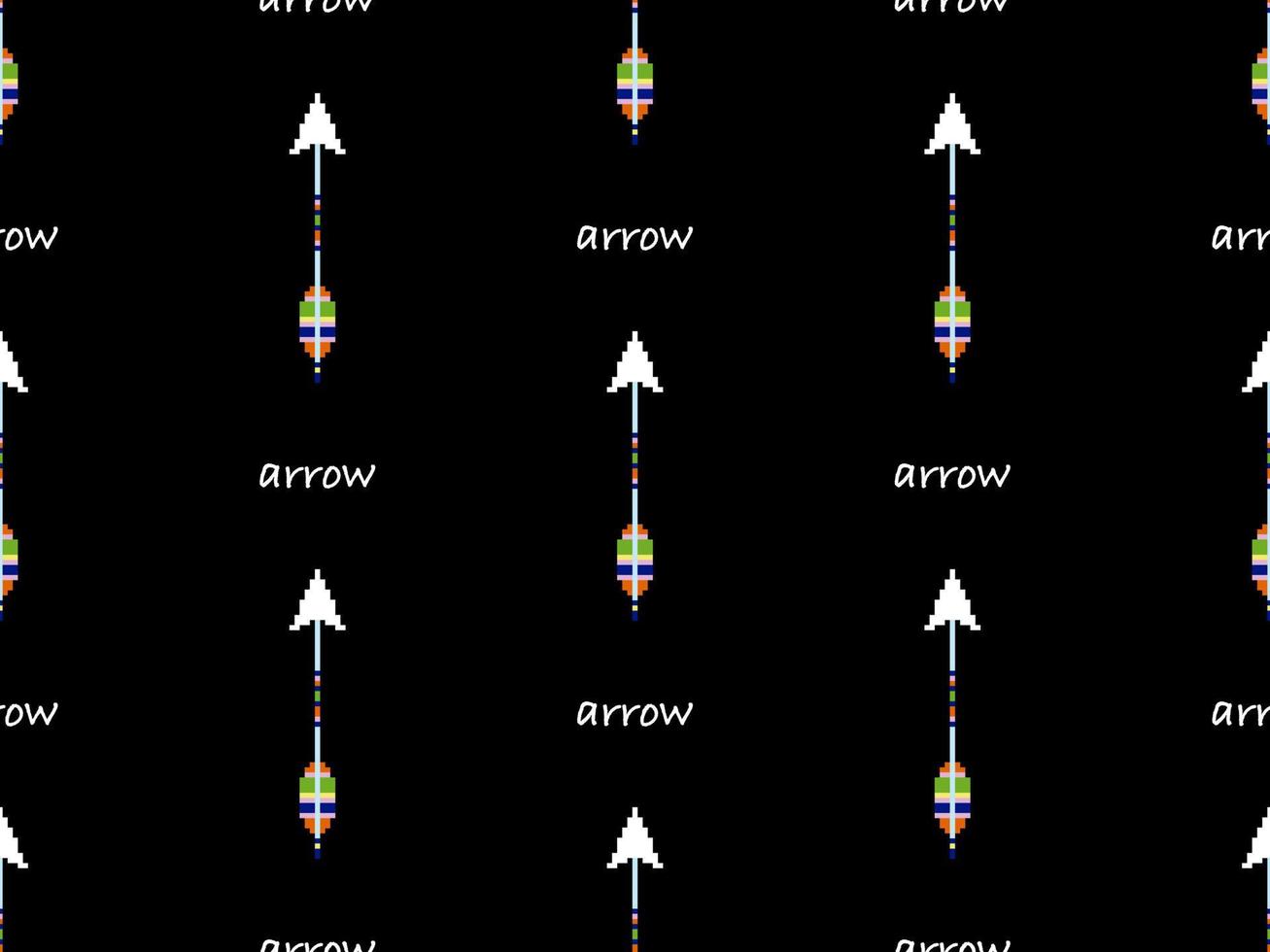 Arrow cartoon character seamless pattern on black background. Pixel style. vector