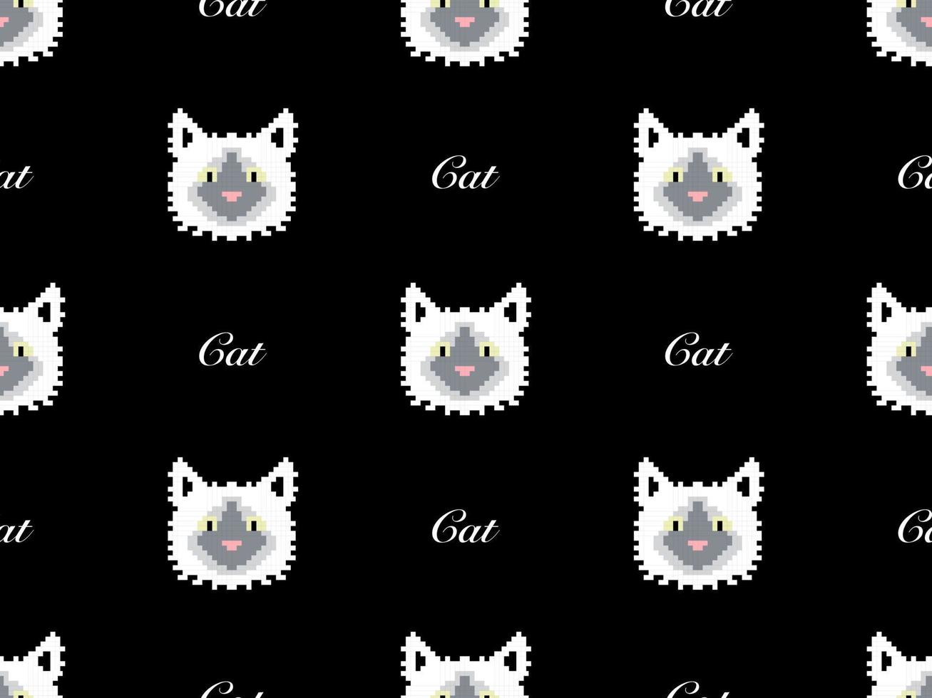 Cat cartoon character seamless pattern on black background. Pixel style. vector