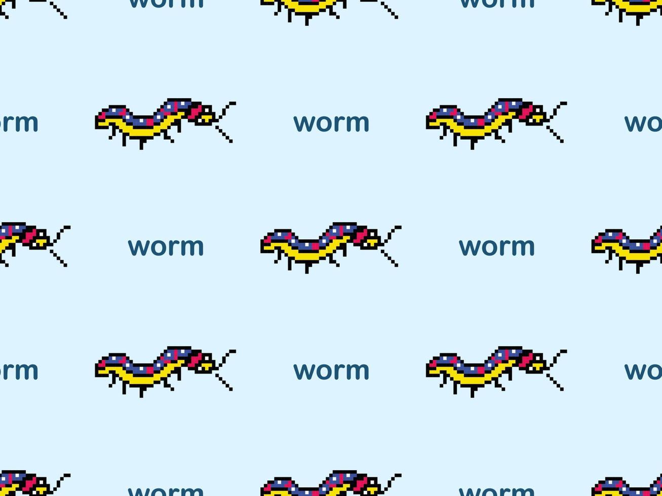 Worm cartoon character seamless pattern on blue background. Pixel style vector