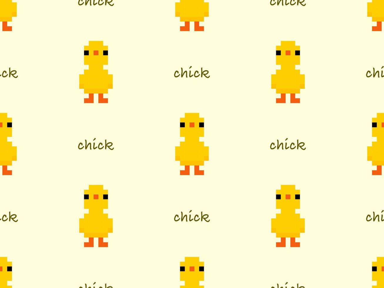 Chick cartoon character seamless pattern on yellow background. Pixel style vector