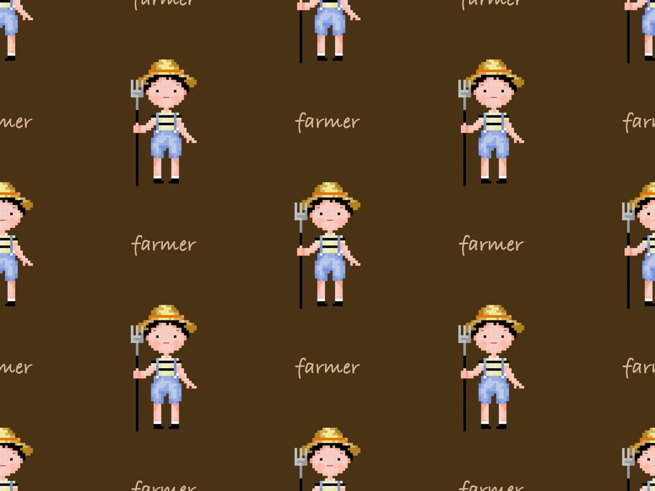 Farmer cartoon character seamless pattern on brown background. Pixel style vector