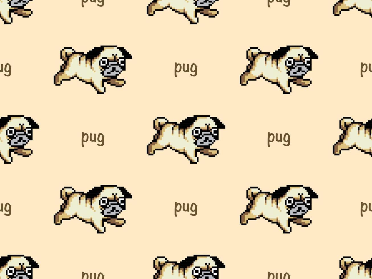 Pug cartoon character seamless pattern on yellow background. Pixel style vector