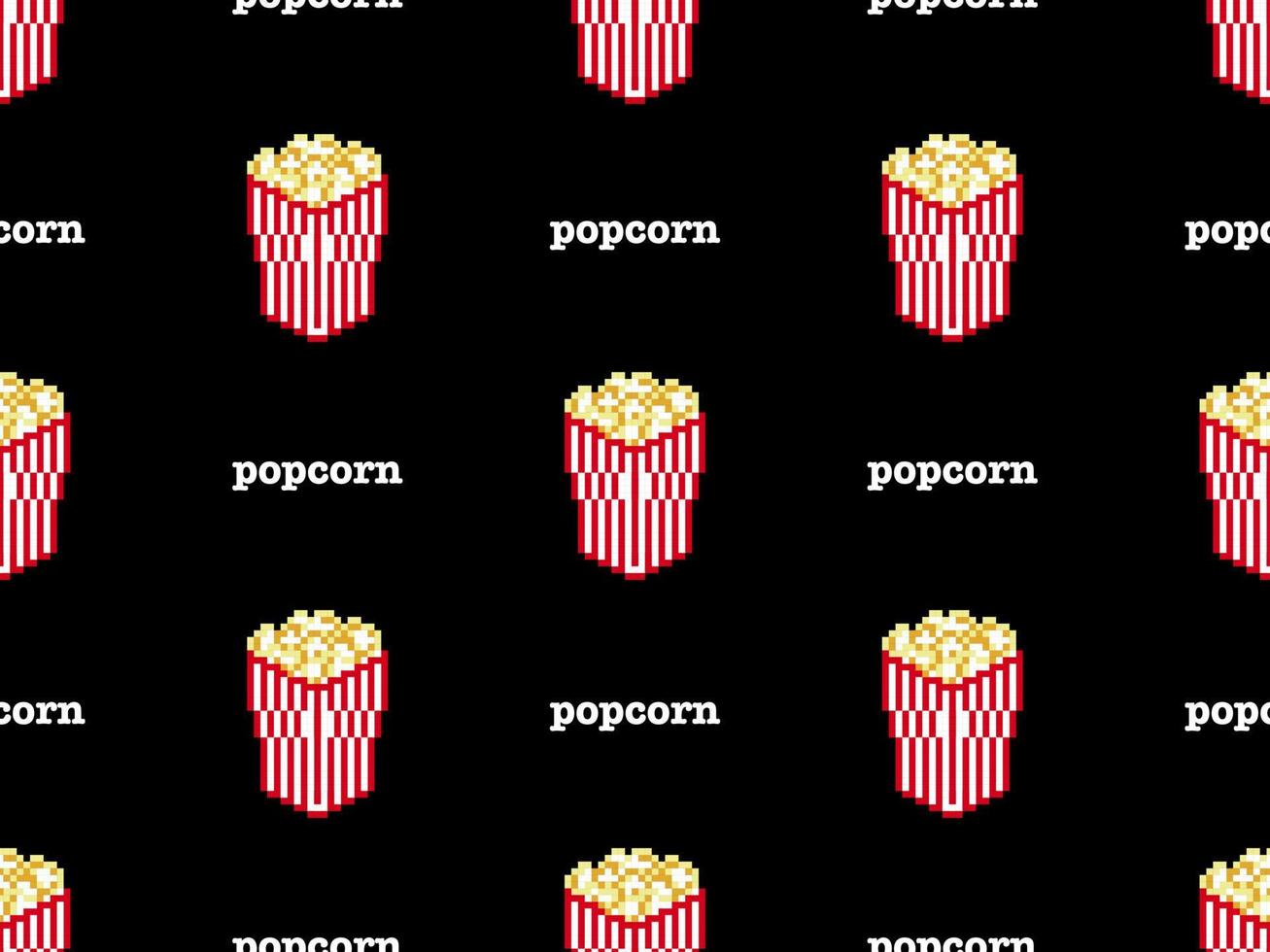 Popcorn cartoon character seamless pattern on black background. Pixel style vector