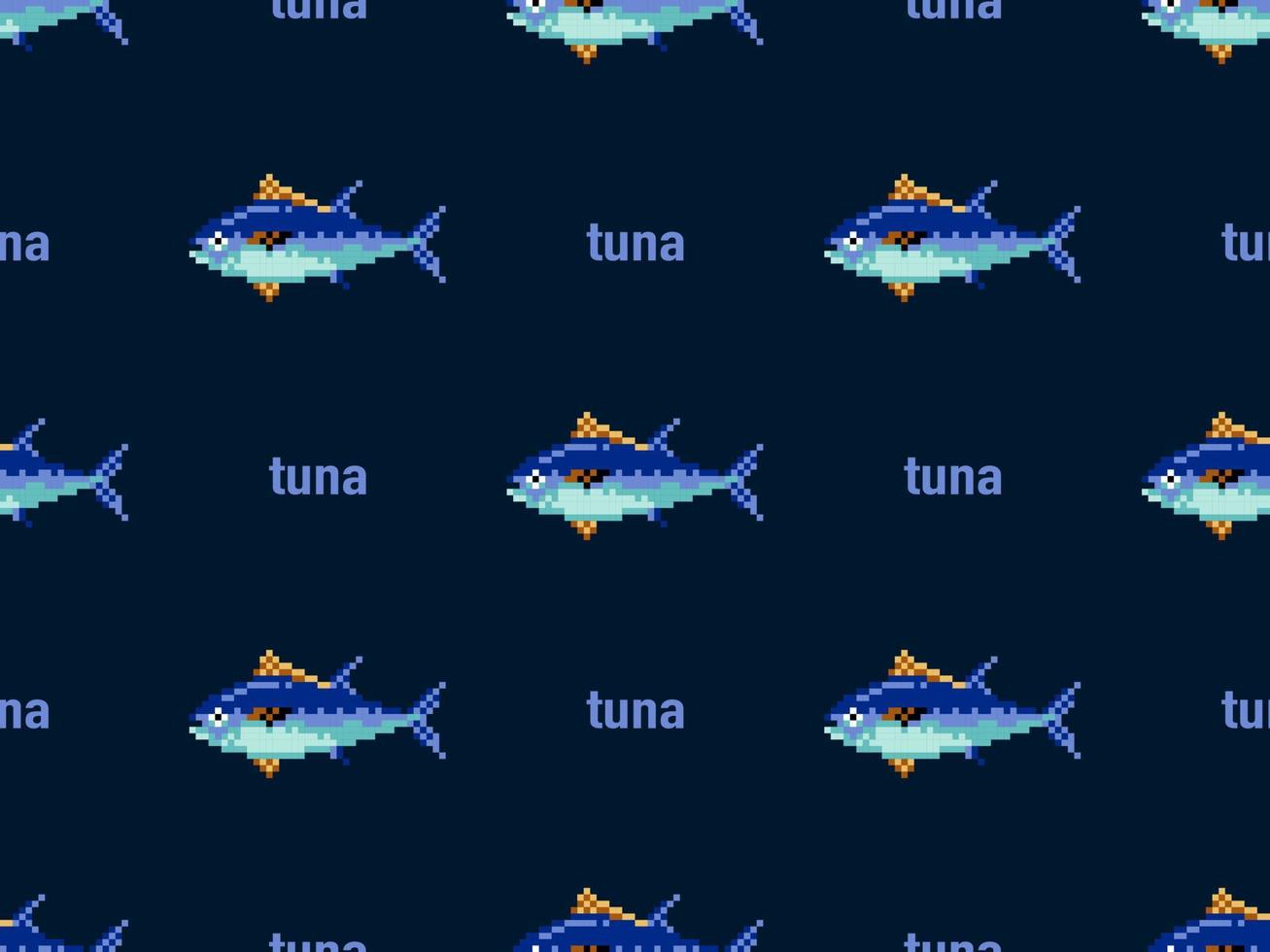 Tuna cartoon character seamless pattern on blue background. Pixel style vector