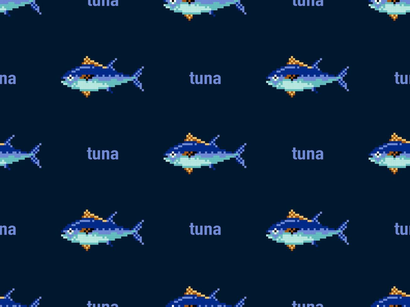 Tuna cartoon character seamless pattern on blue background. Pixel style vector