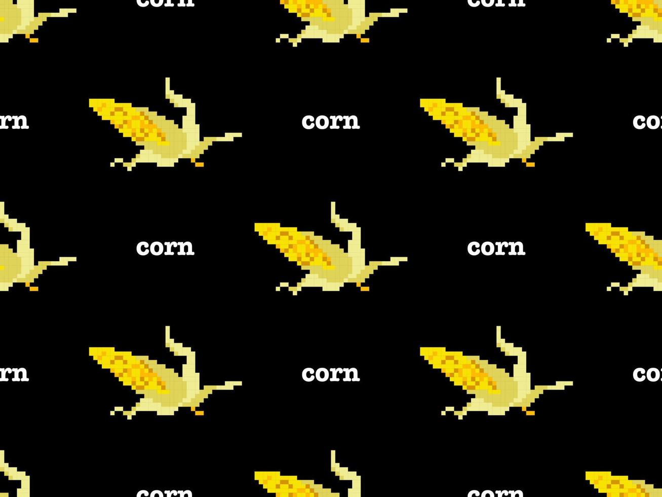 Corn cartoon character seamless pattern on black background. Pixel style vector