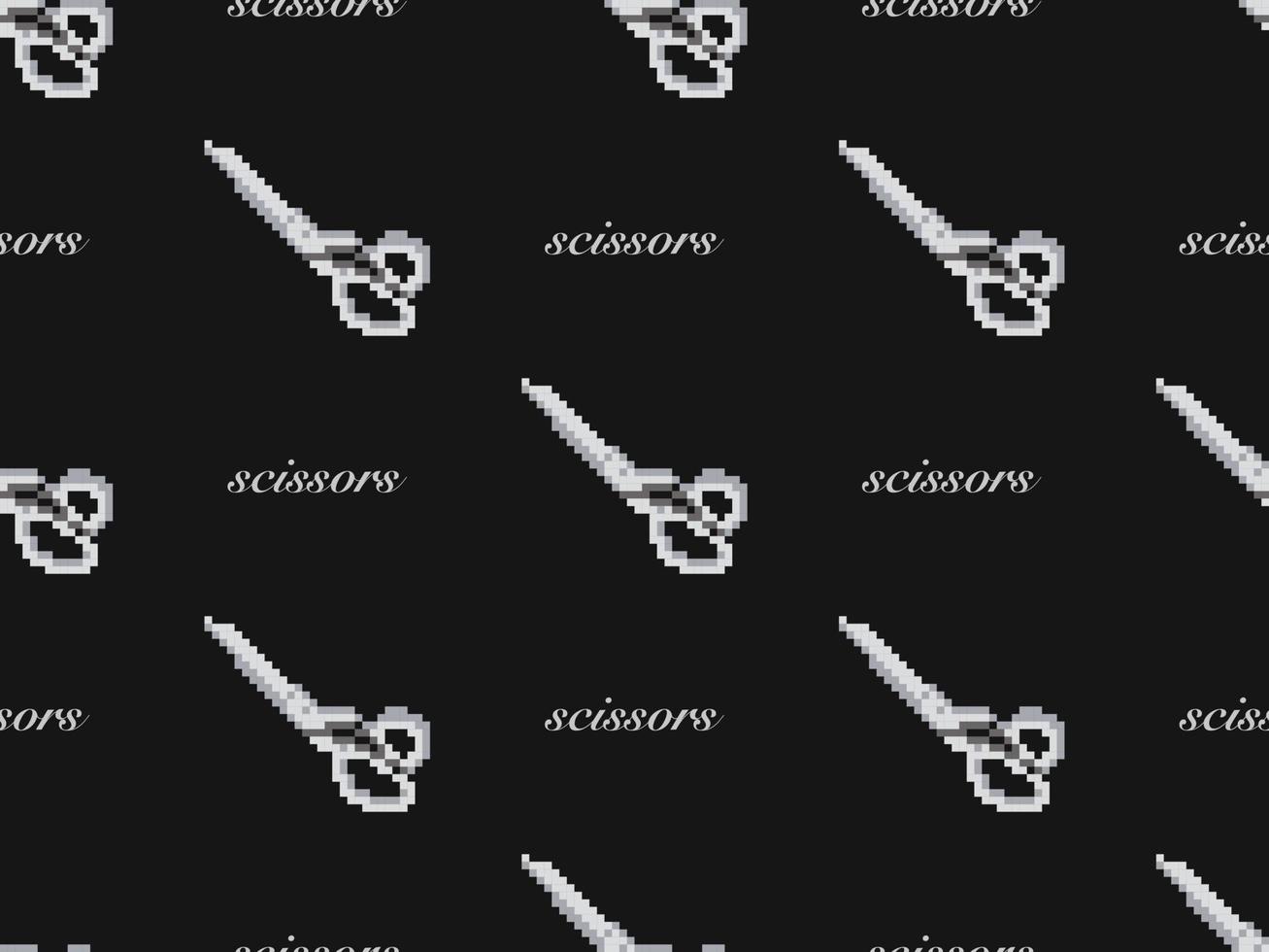 Scissors cartoon character seamless pattern on black background. Pixel style vector