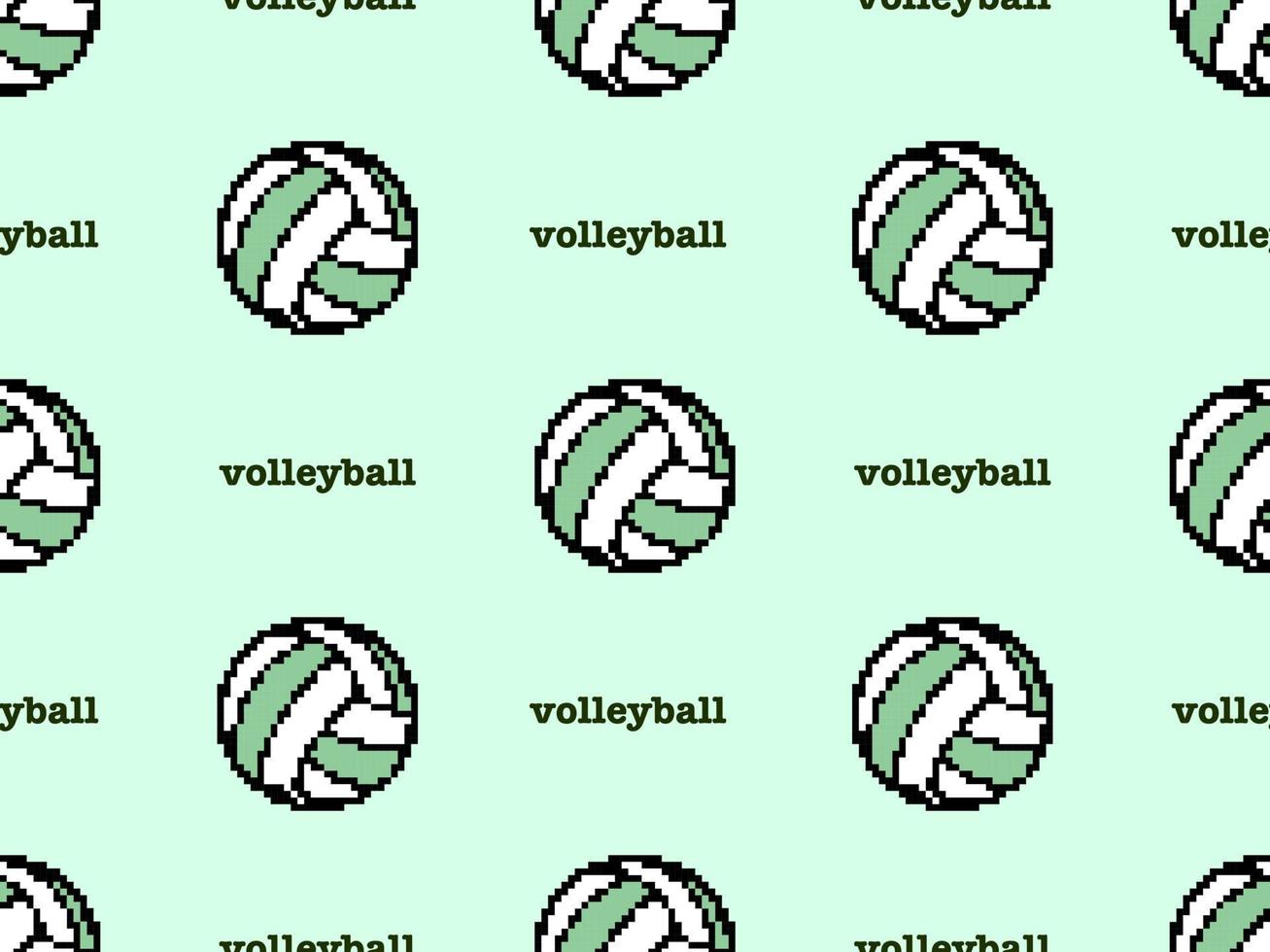 Volleyball cartoon character seamless pattern on green background. Pixel style vector