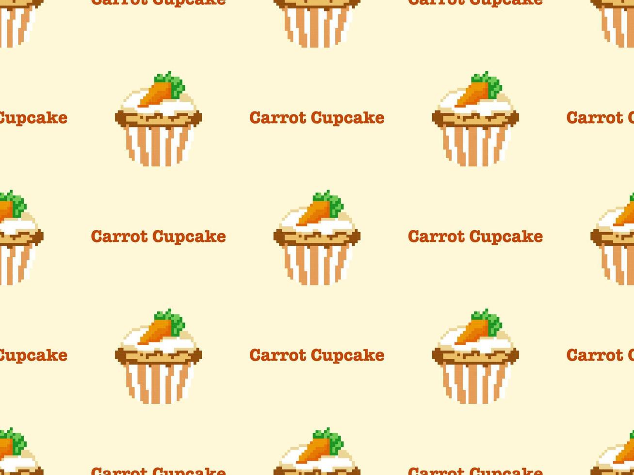 Cup cake cartoon character seamless pattern on yellow background. Pixel style vector