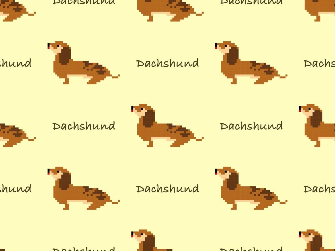 Dachshund cartoon character seamless pattern on yellow background. Pixel style vector