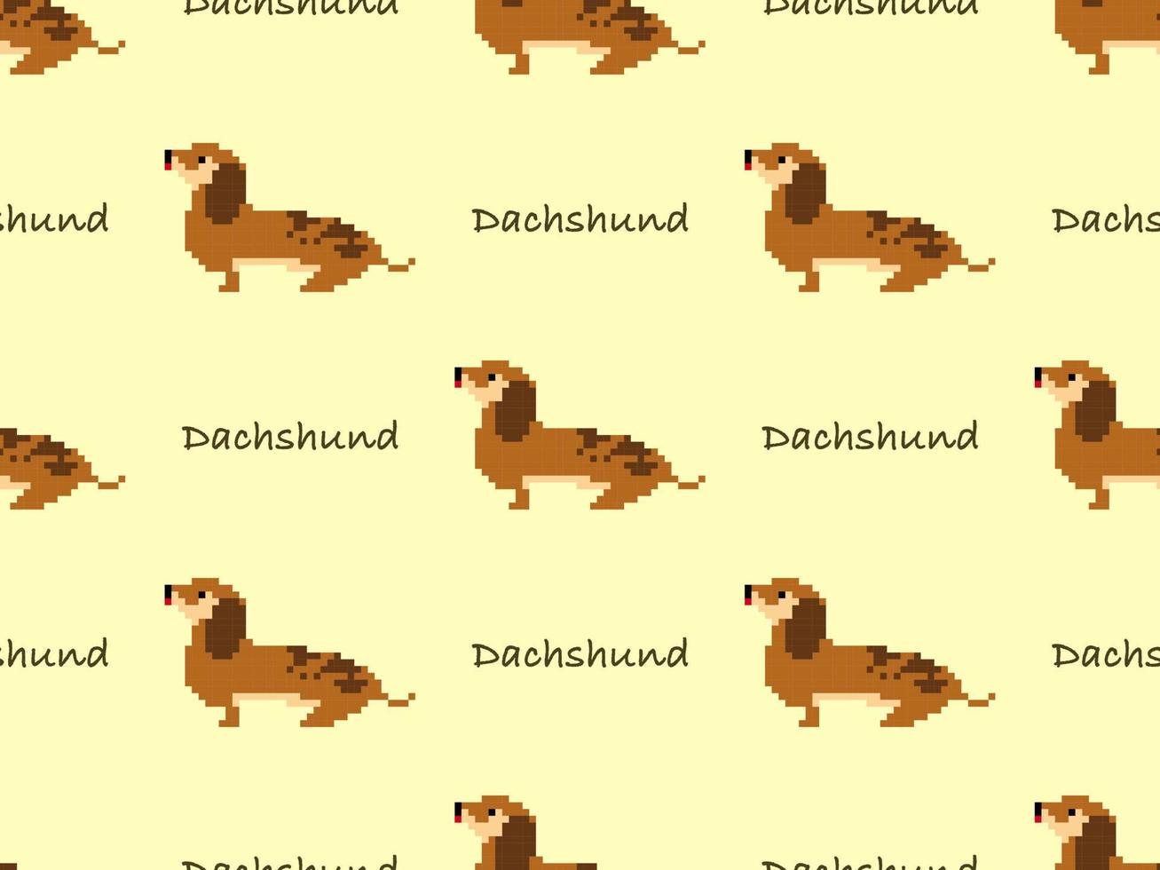 Dachshund cartoon character seamless pattern on yellow background. Pixel style vector