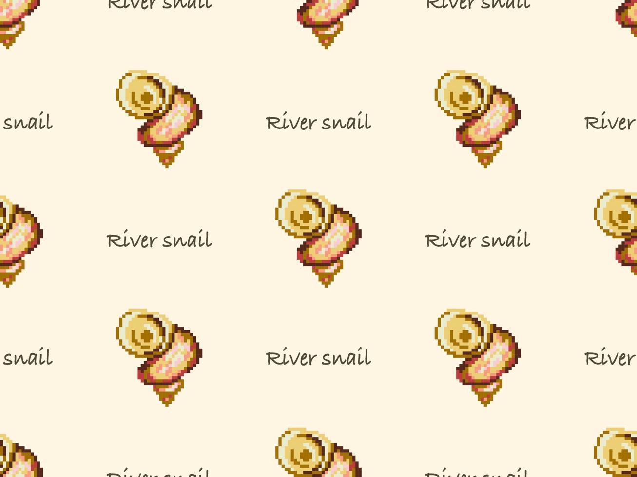 River snail cartoon character seamless pattern on yellow background. Pixel style vector