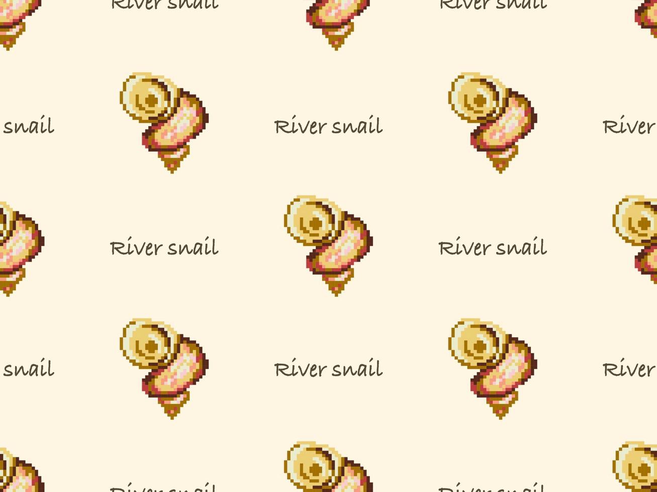 River snail cartoon character seamless pattern on yellow background. Pixel style vector