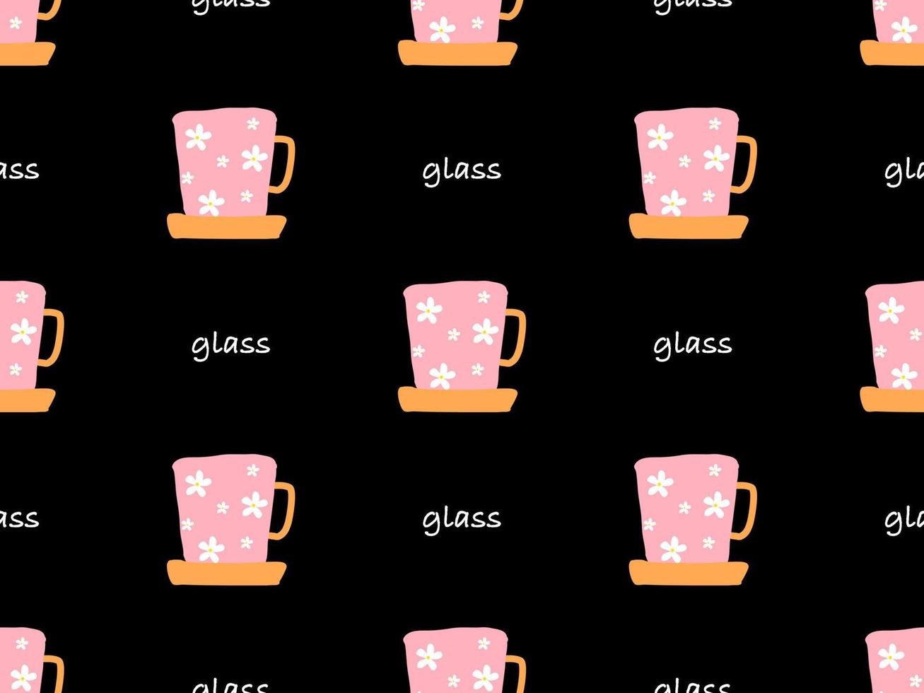 Glass cartoon character seamless pattern on black background. Pixel style vector