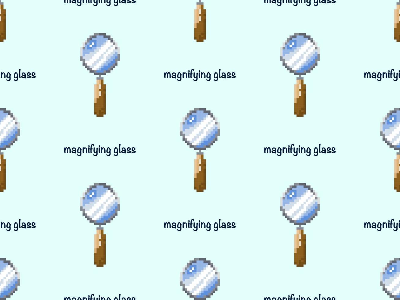 Magnifying glass cartoon character seamless pattern on blue background. Pixel style vector