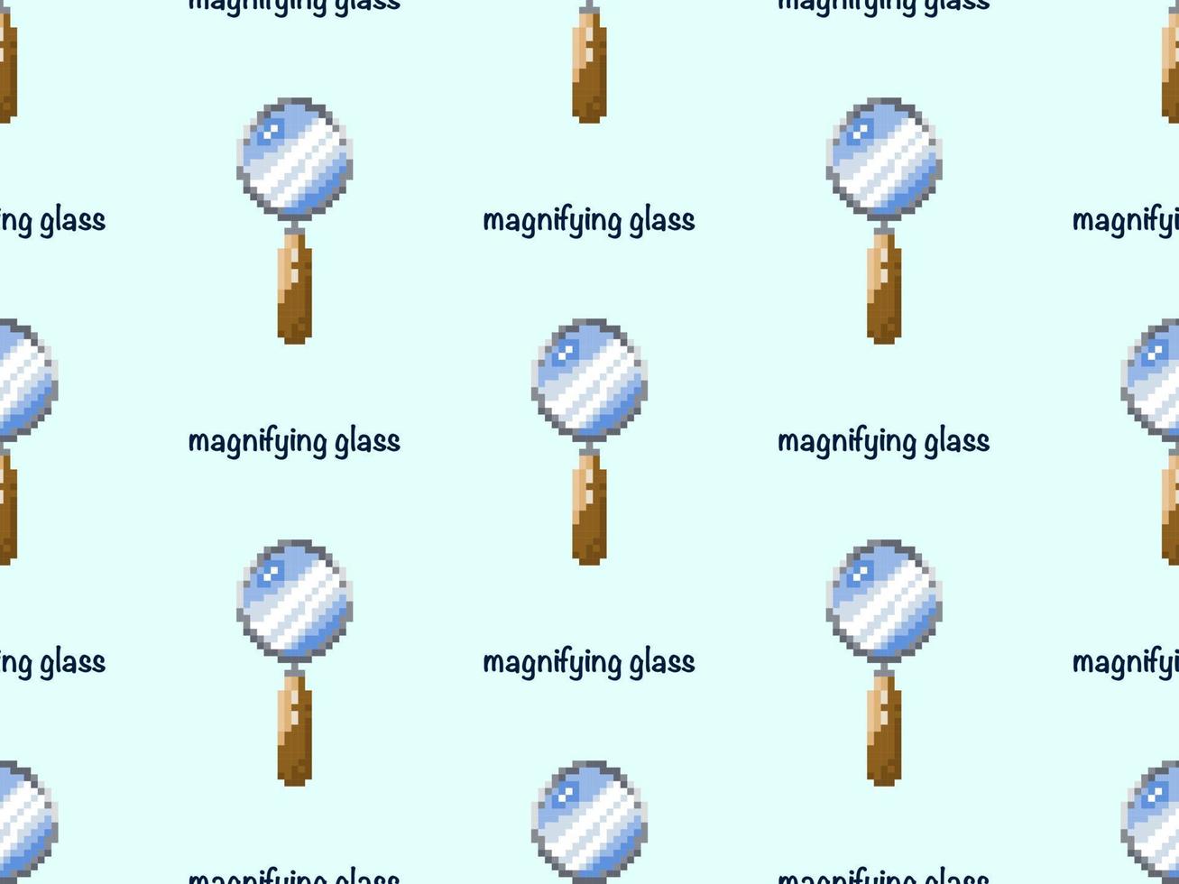 Magnifying glass cartoon character seamless pattern on blue background. Pixel style vector
