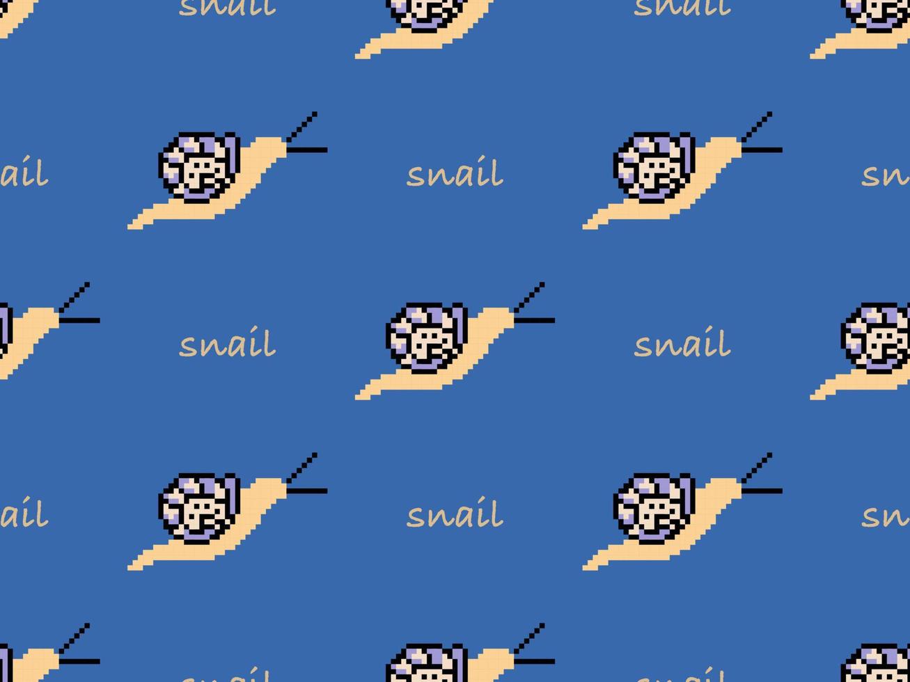 Snail cartoon character seamless pattern on blue background. Pixel style vector