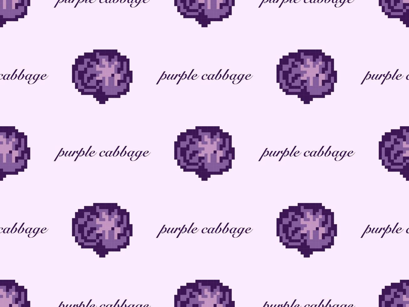 Purple cabbage cartoon character seamless pattern on purple background. Pixel style vector