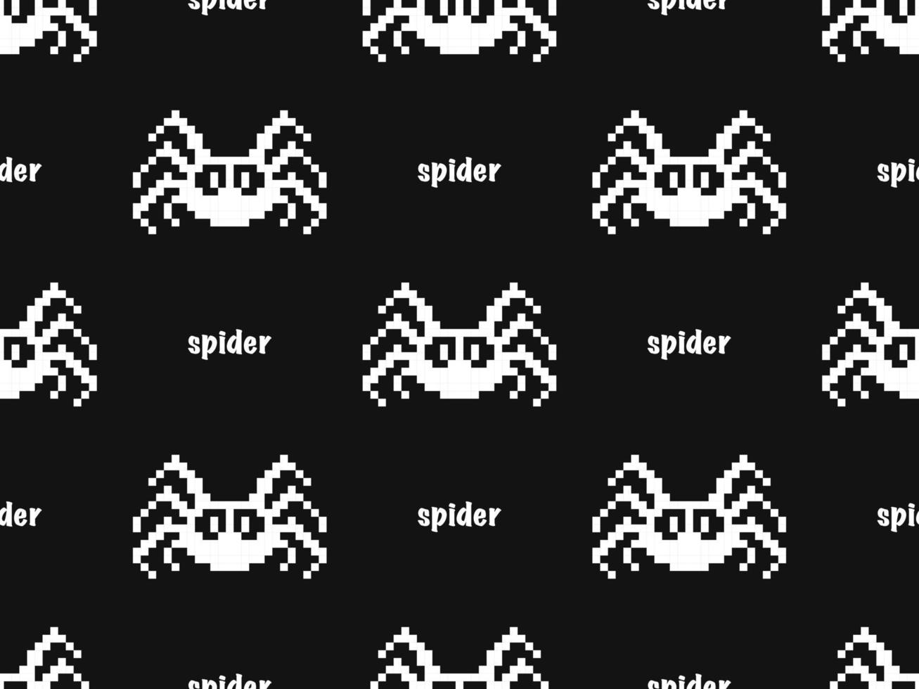 Spider cartoon character seamless pattern on black background. Pixel style.. vector