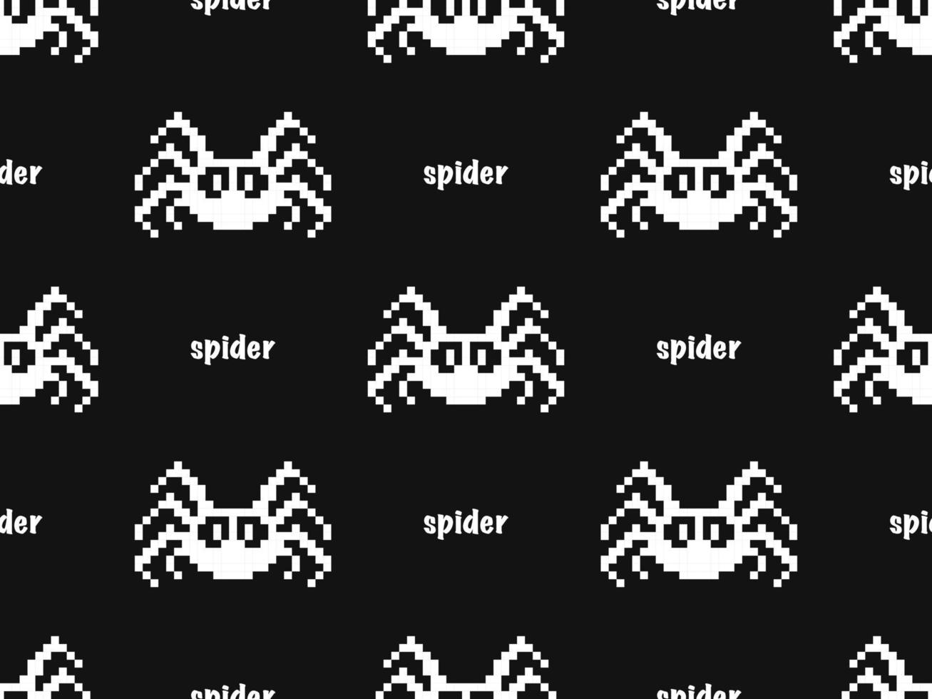 Spider cartoon character seamless pattern on black background. Pixel style.. vector