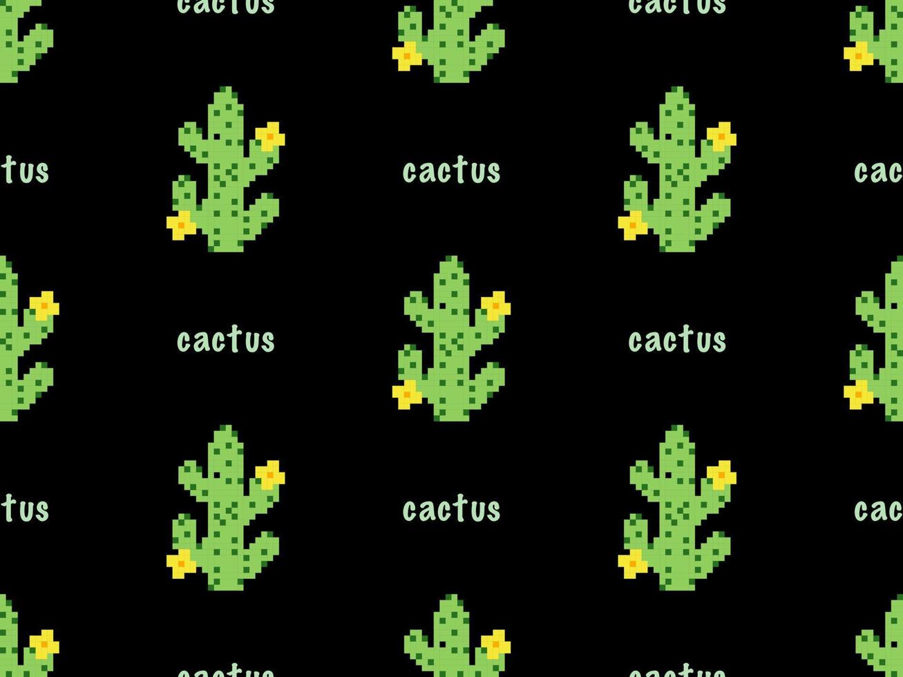 Cactus cartoon character seamless pattern on black background. Pixel style. vector