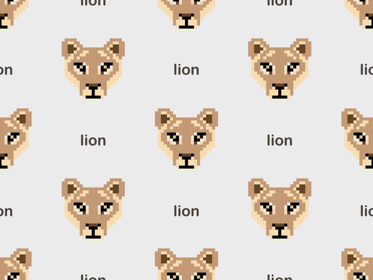 Lion cartoon character seamless pattern on gray background. Pixel style. vector