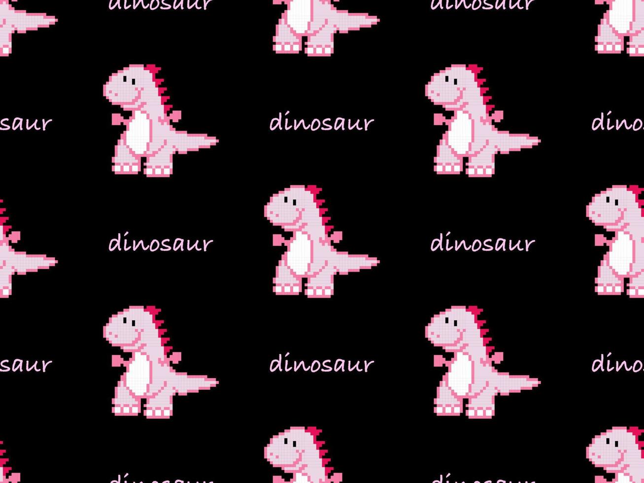 Dinosaur cartoon character seamless pattern on black background. Pixel style vector