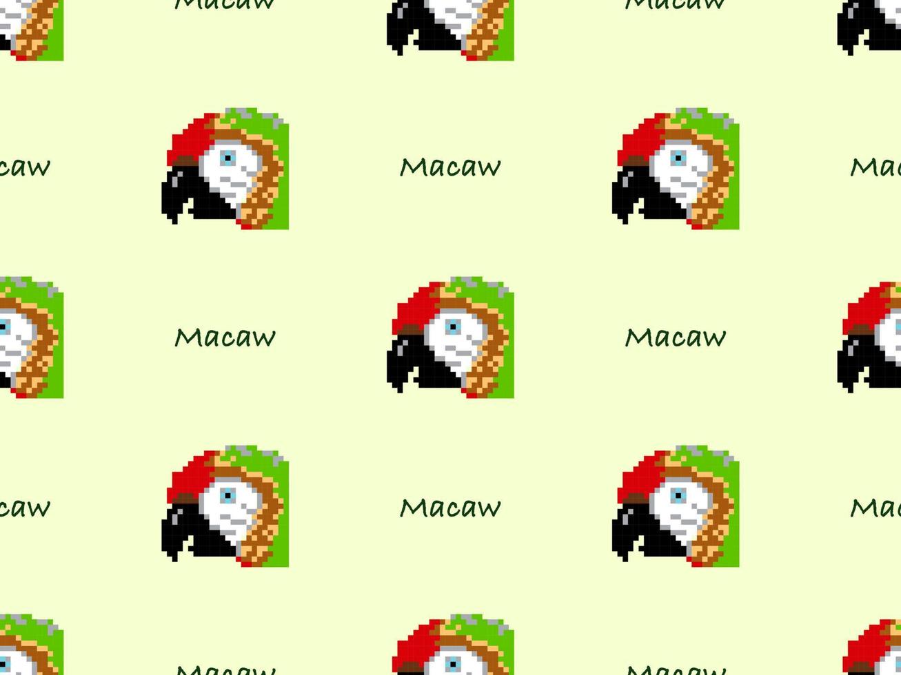 Macaw cartoon character seamless pattern on green background. Pixel style. vector