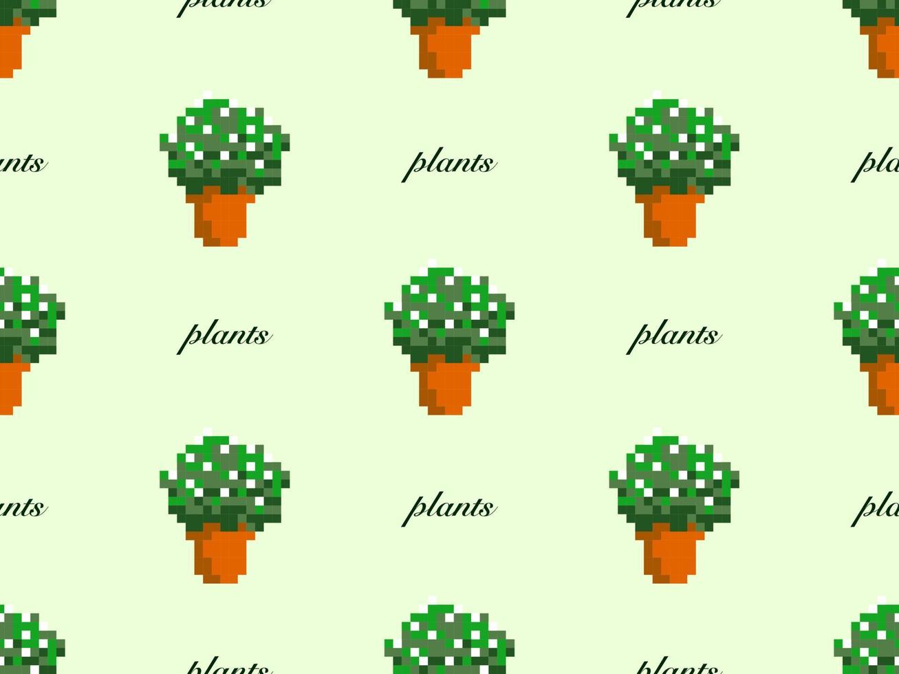 Plants cartoon character seamless pattern on green background. Pixel style vector