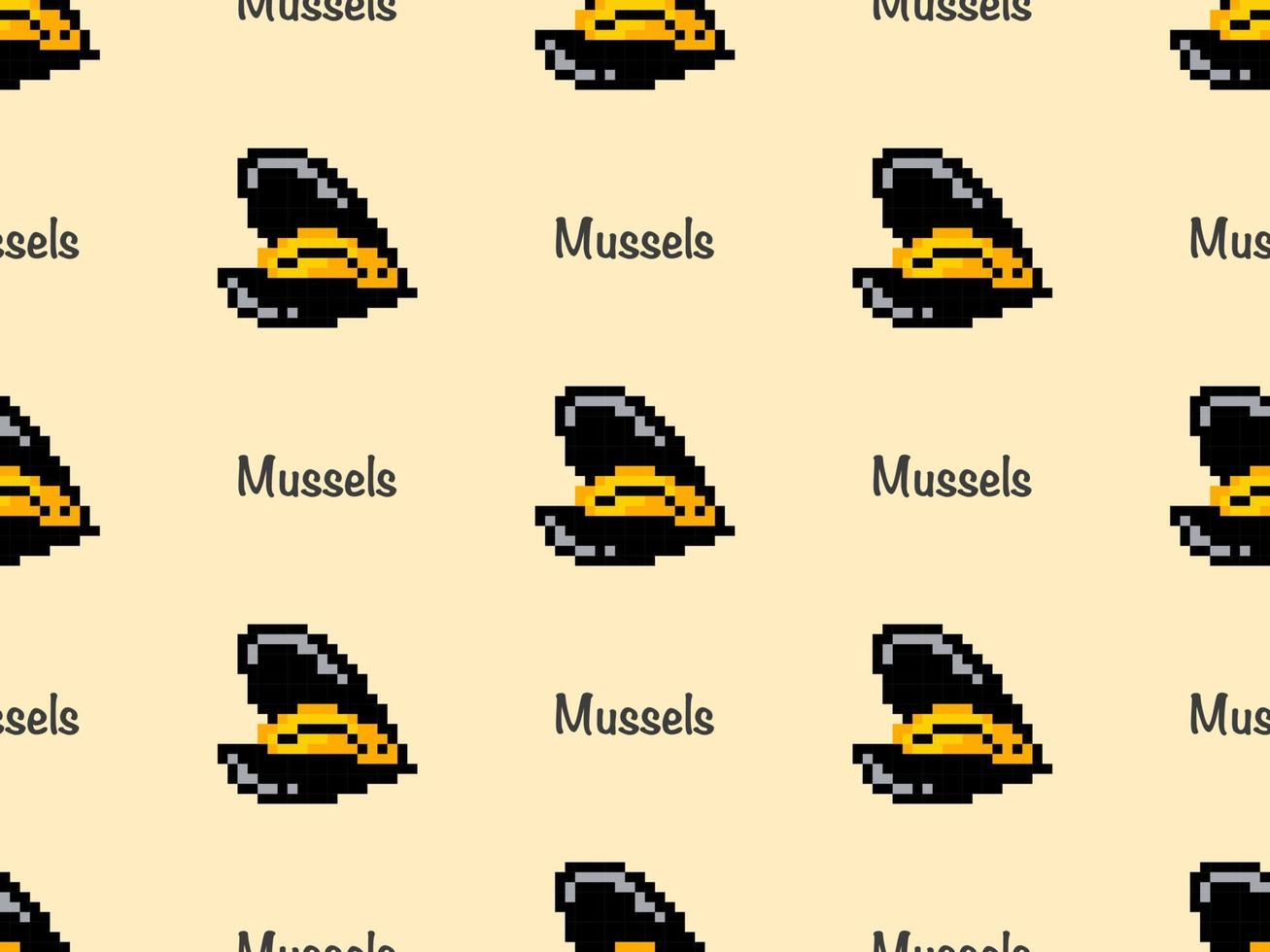 Mussels cartoon character seamless pattern on yellow background. Pixel style vector