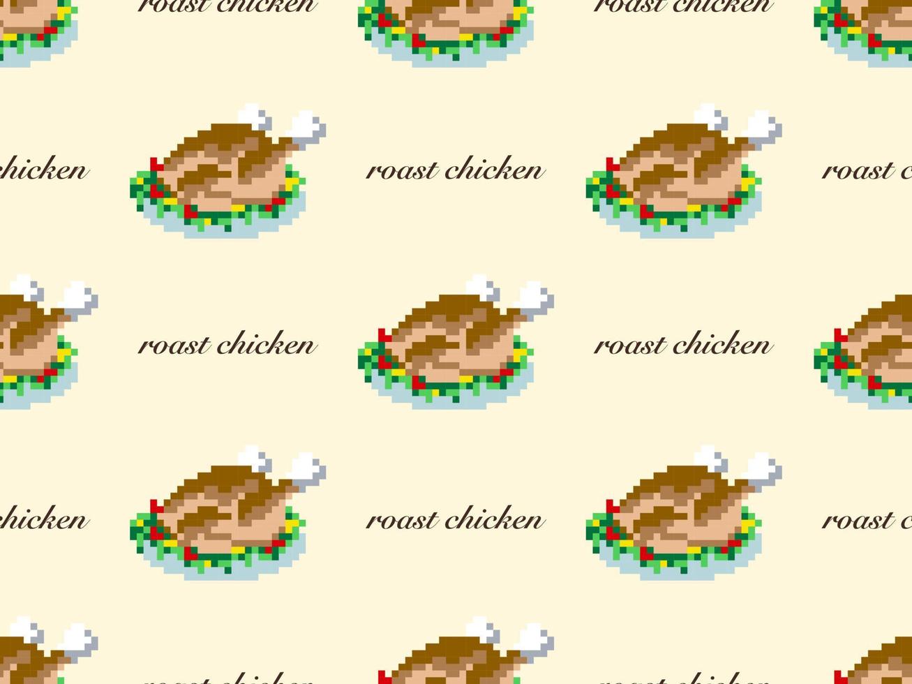Roast chicken cartoon character seamless pattern on yellow background. Pixel style vector