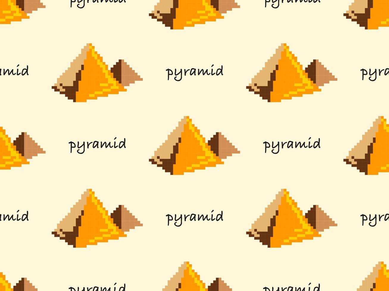 Pyramid cartoon character seamless pattern on yellow background. Pixel style. vector