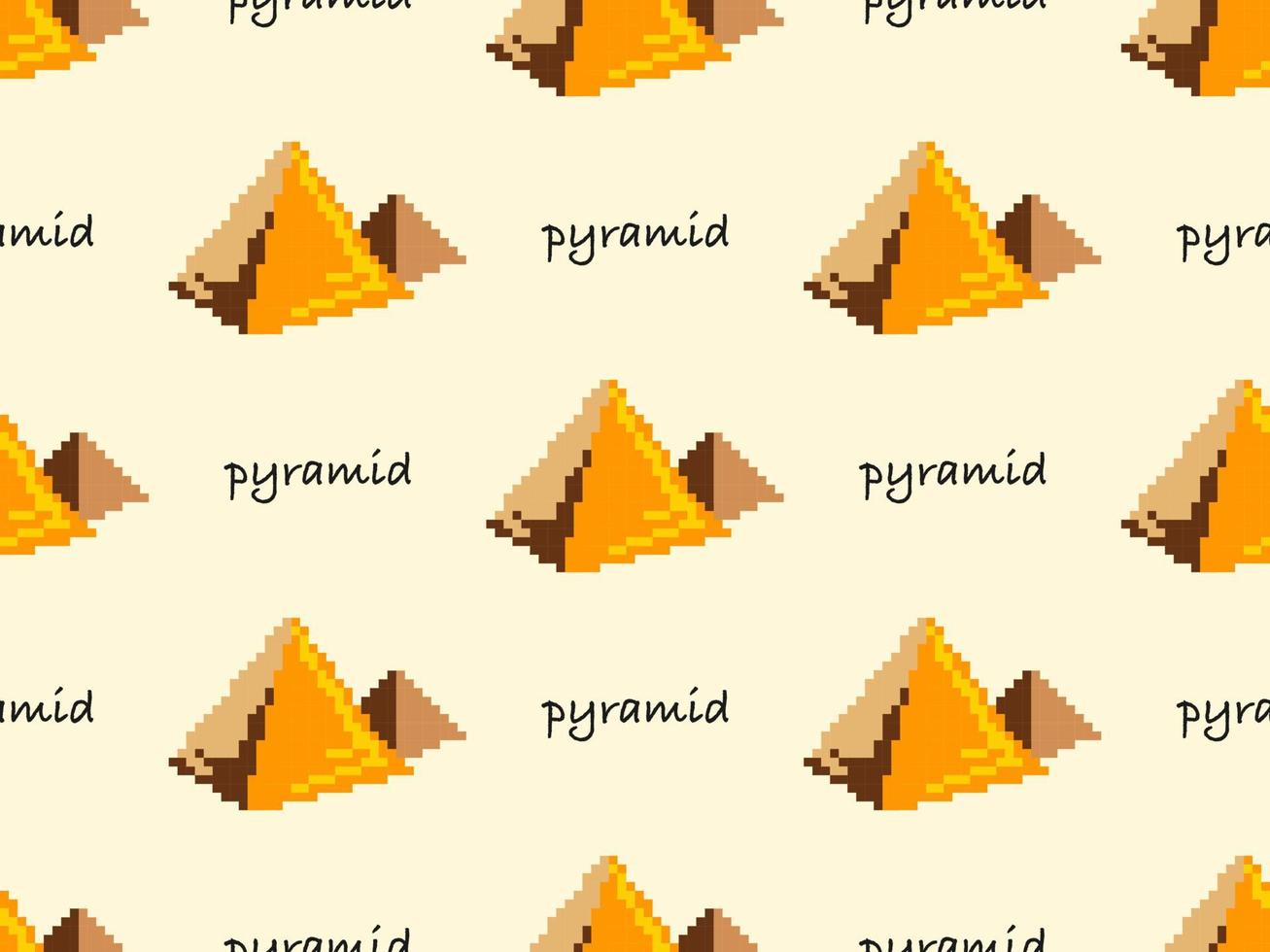 Pyramid cartoon character seamless pattern on yellow background. Pixel style. vector