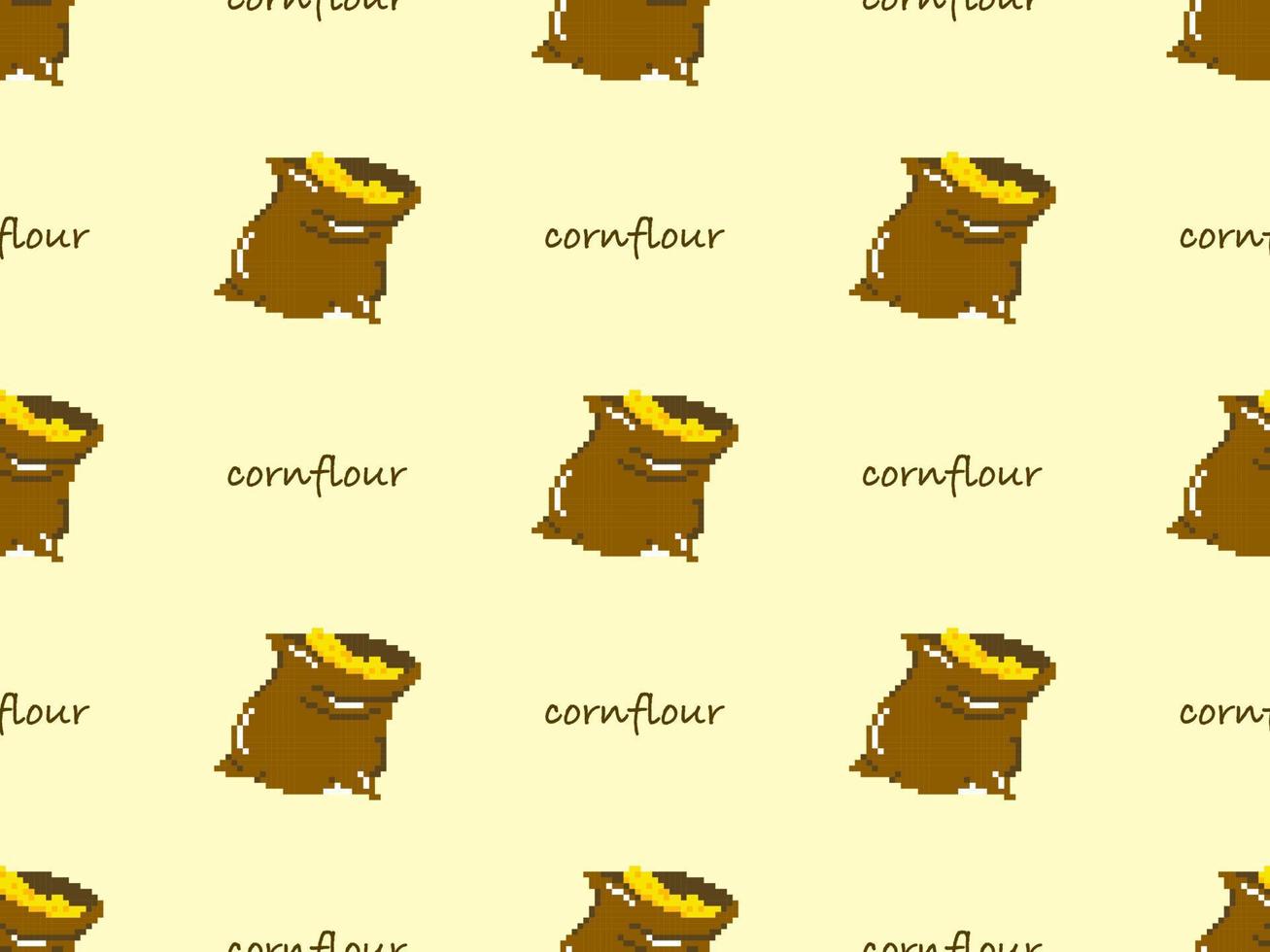 Corn flour cartoon character seamless pattern on yellow background. Pixel style vector