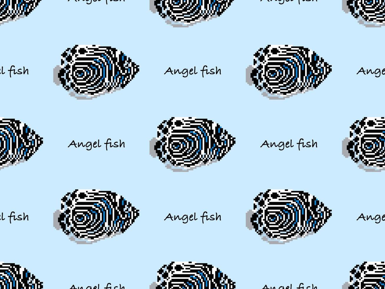 Angel fish cartoon character seamless pattern on blue background. Pixel style vector