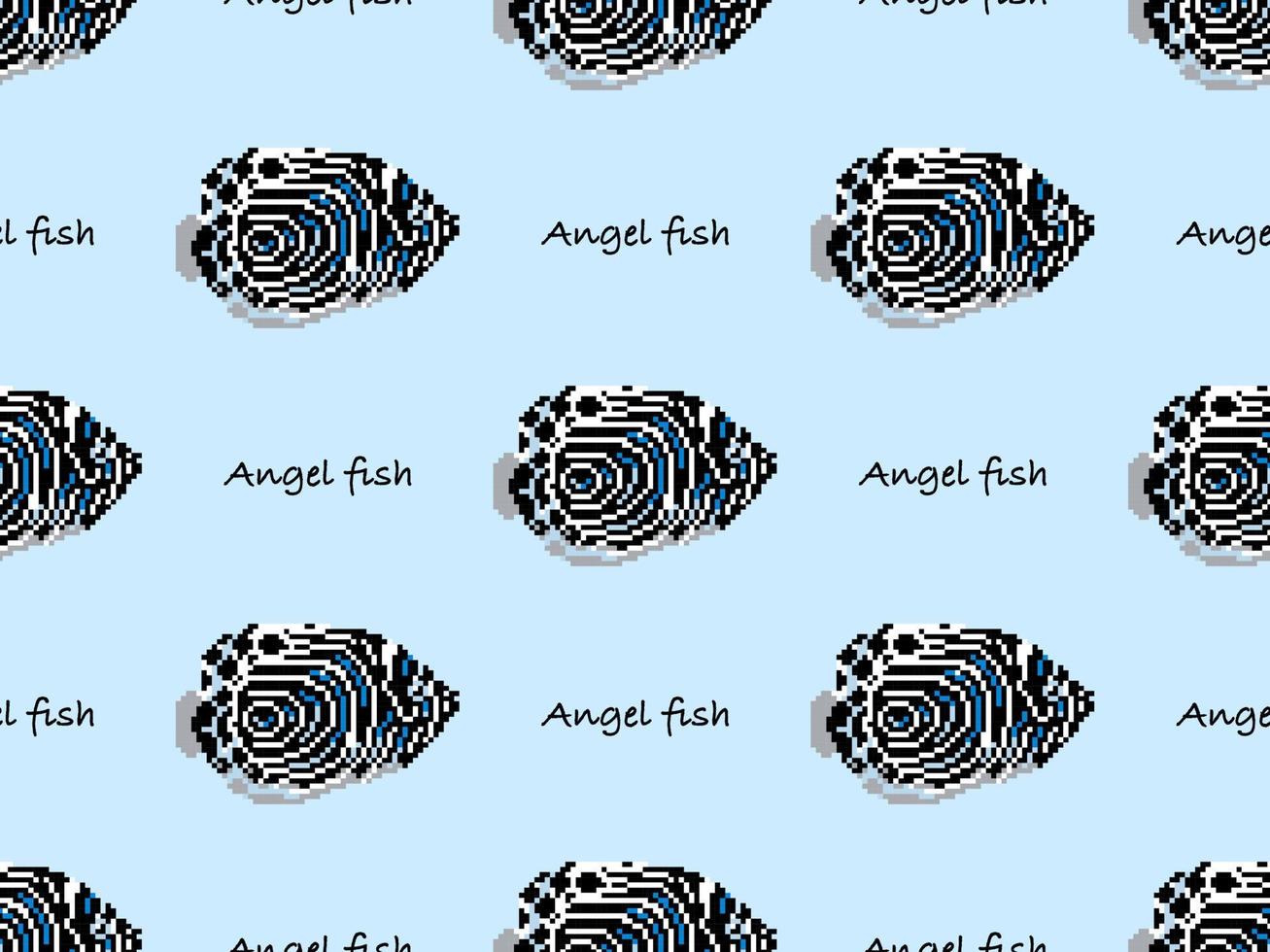 Angel fish cartoon character seamless pattern on blue background. Pixel style vector