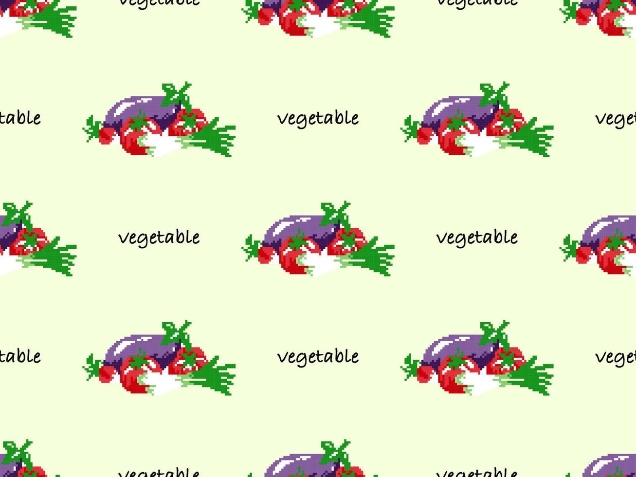 Vegetable cartoon character seamless pattern on yellow background. Pixel style vector