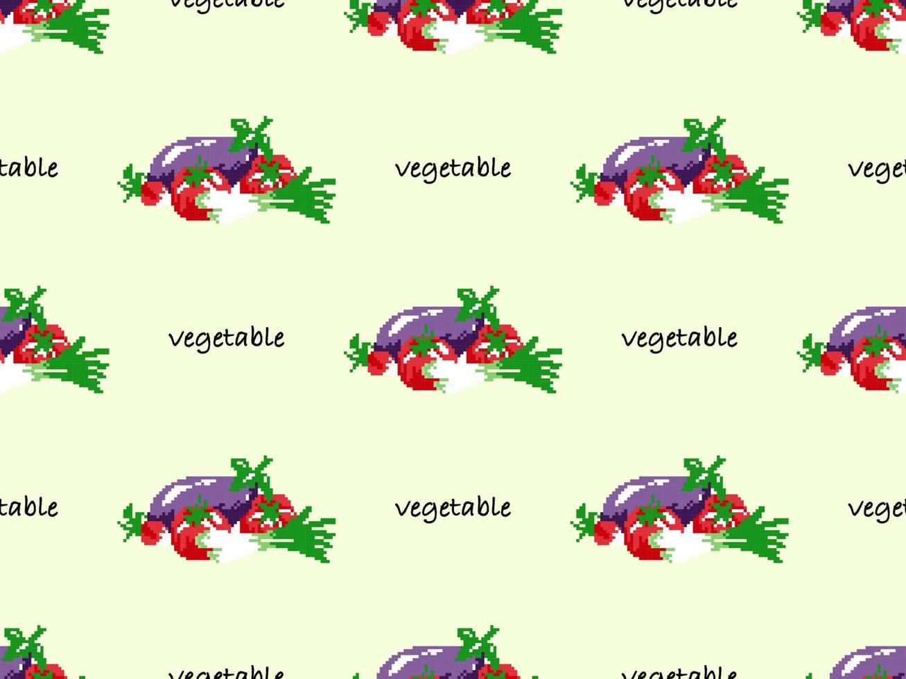 Vegetable cartoon character seamless pattern on yellow background. Pixel style vector