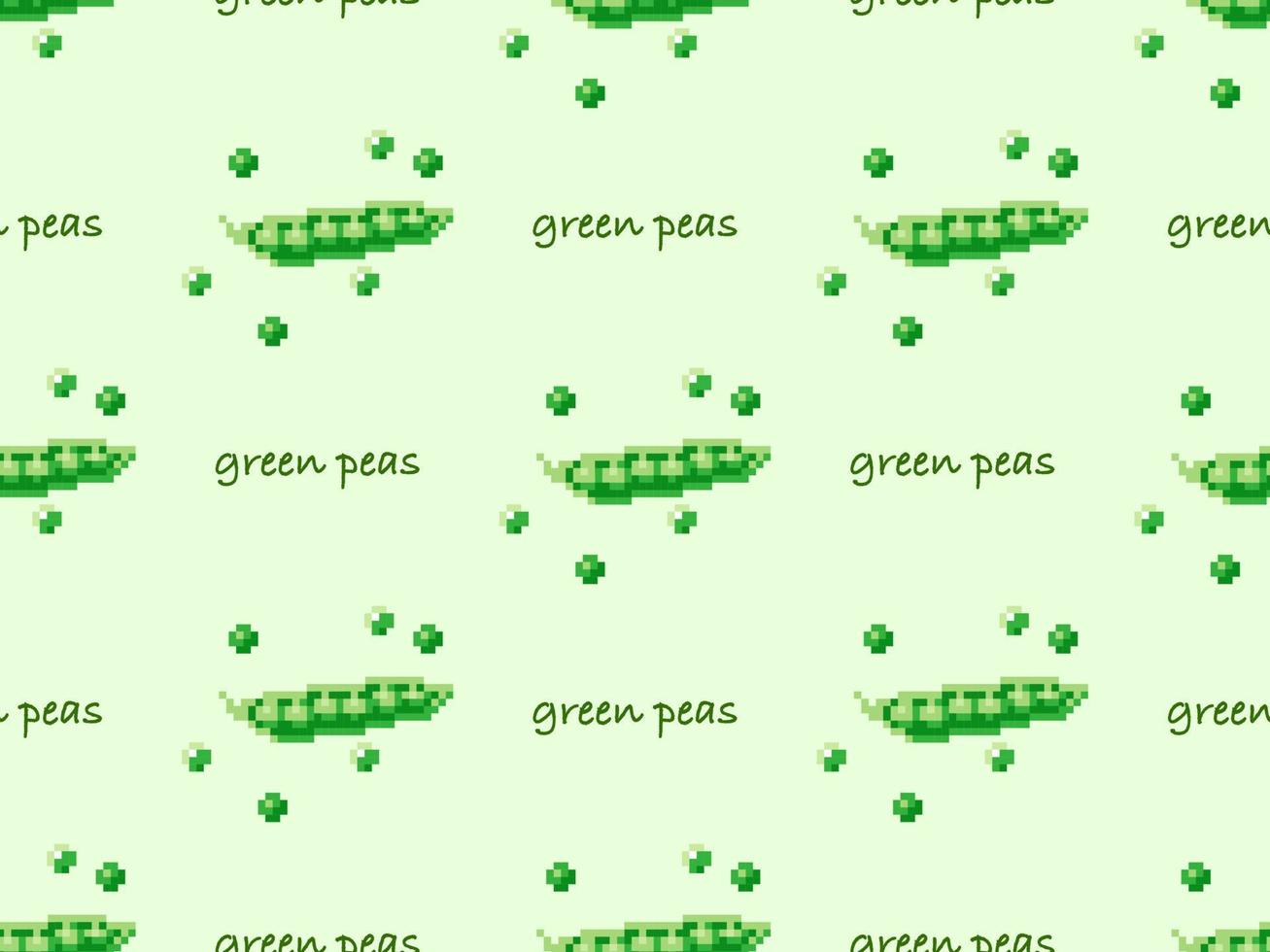Green peas cartoon character seamless pattern on green background. Pixel style vector